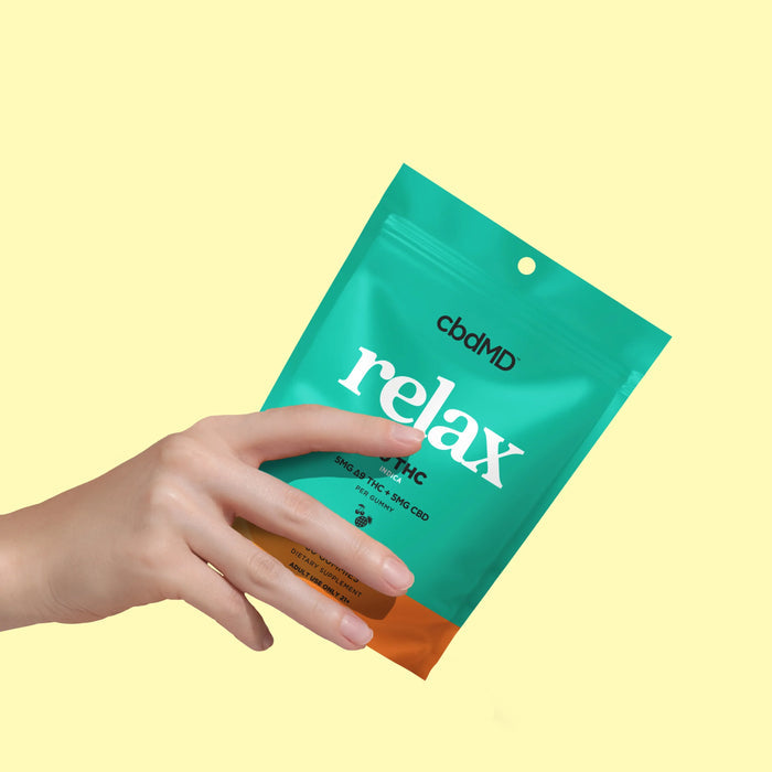 Hand holding a cbdMD relax THC and CBD gummies pouch against a yellow background