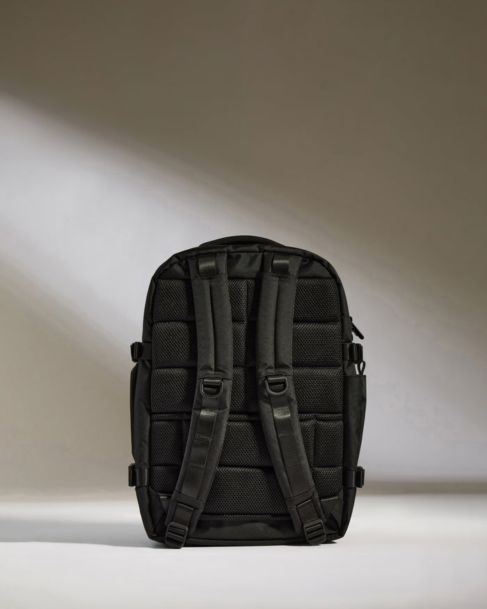 a black backpack with straps
