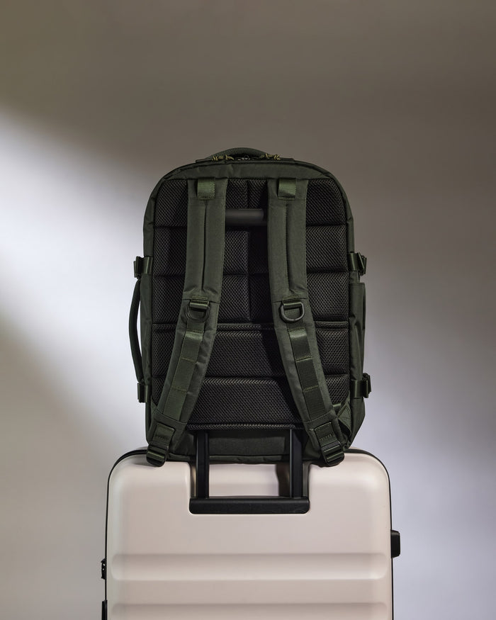 a backpack on top of a luggage