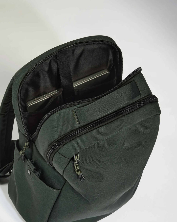 a black backpack with a laptop