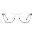 A pair of clear full frame round sunglasses with a transparent design and visible hinges.