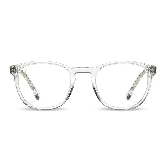 A pair of clear full frame round sunglasses with a transparent design and visible hinges.