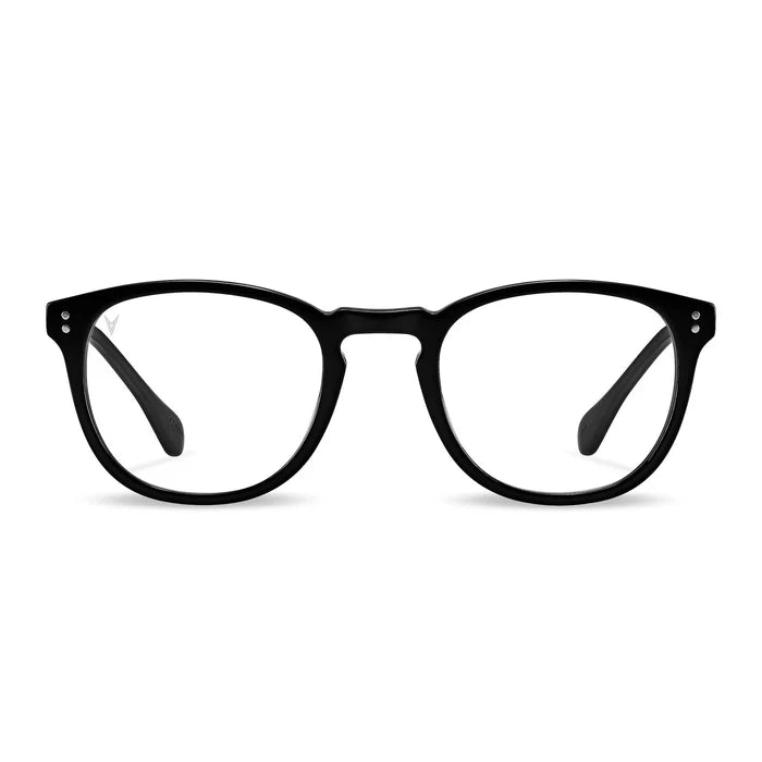 A pair of round-framed black sunglasses with clear lenses and visible hinges.
