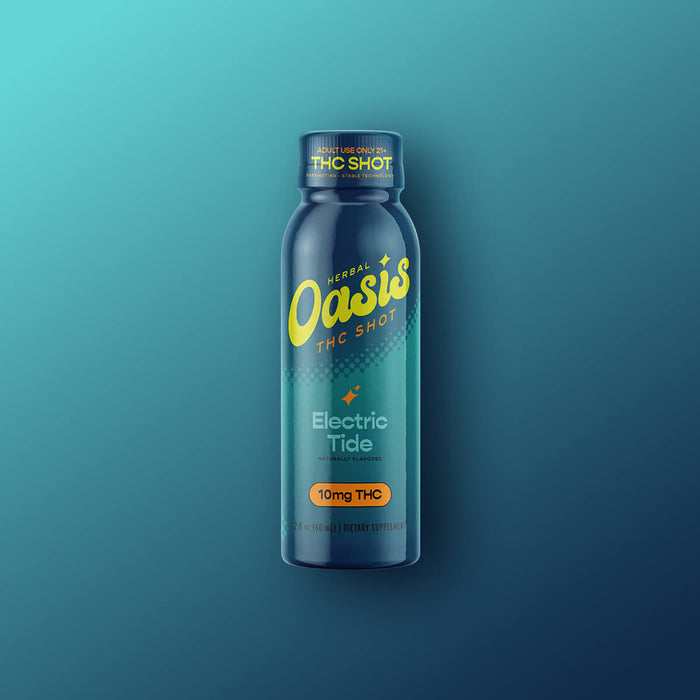 cbdMD Electric Tide 10mg THC shot in a blue bottle against a teal gradient background.