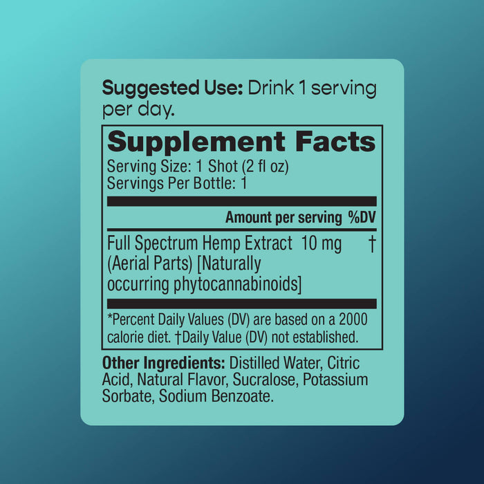 Supplement Facts label for cbdMD Electric Tide 10mg Shot with full spectrum hemp extract.
