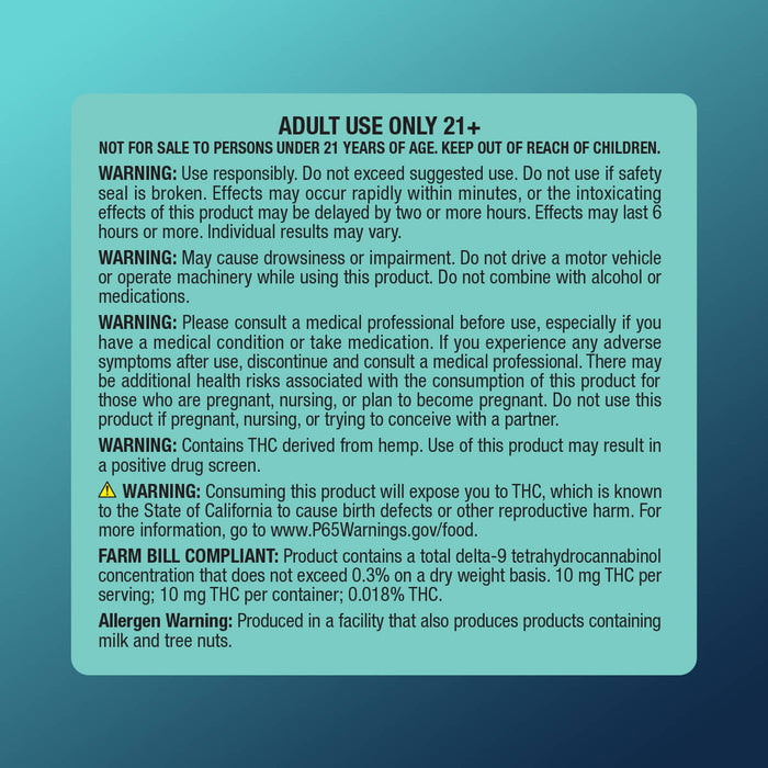 Warning and usage labels for cbdMD Electric Tide 10mg Shot