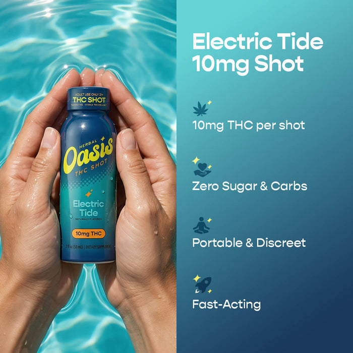cbdMD Electric Tide 10mg THC shot held by hands over pool water with product benefits.