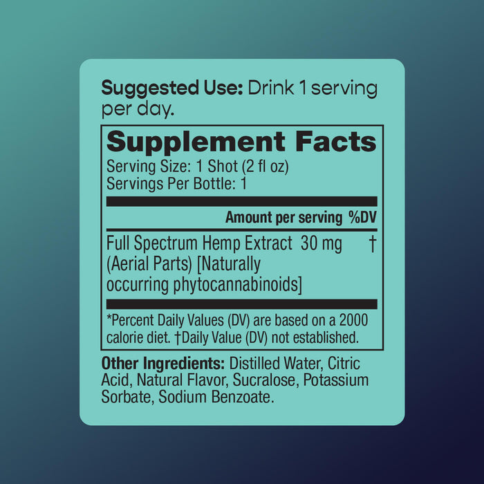 Supplement Facts label for cbdMD Electric Tide 30mg shot containing Full Spectrum Hemp Extract.