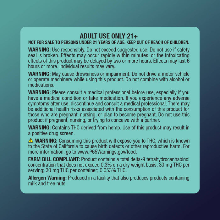 Warning label for cbdMD Electric Tide 30mg Shot detailing usage, safety, and THC content.