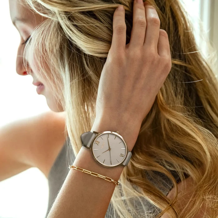 Eros Taupe Italian Leather Strap Taupe Watch Face Rose Gold Case Clasp Rose Gold Accents