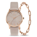 Wristwatch with rose gold case and chain, beige strap on white background