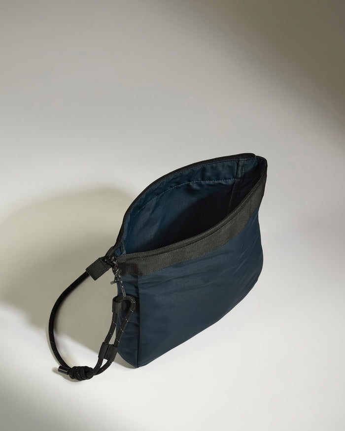 a small blue bag with a black strap