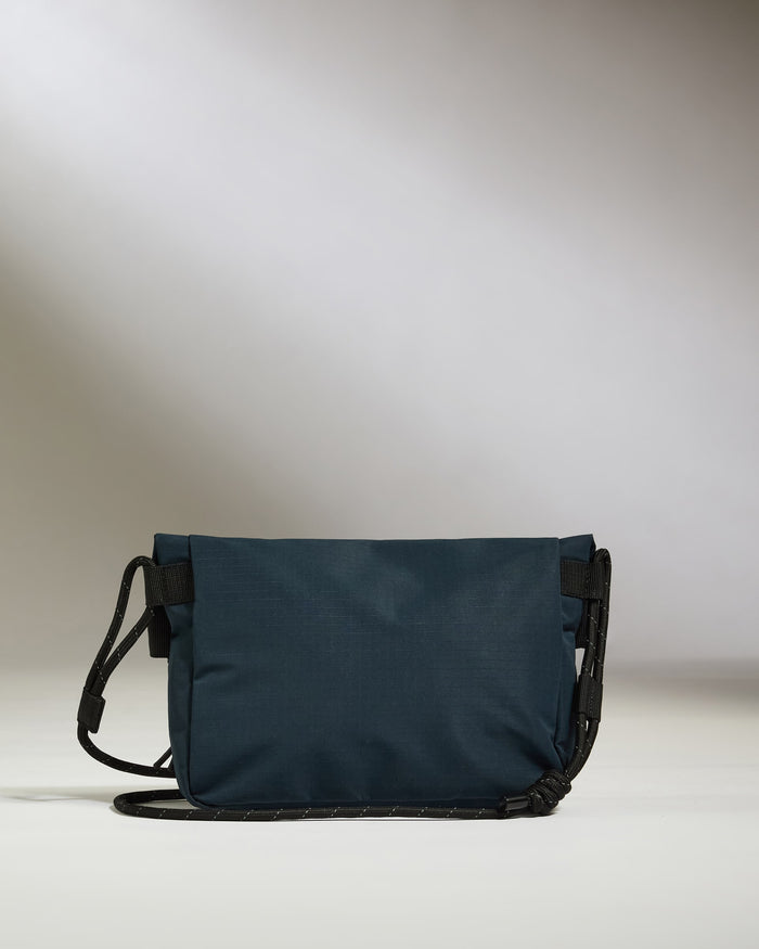 a blue bag with black straps