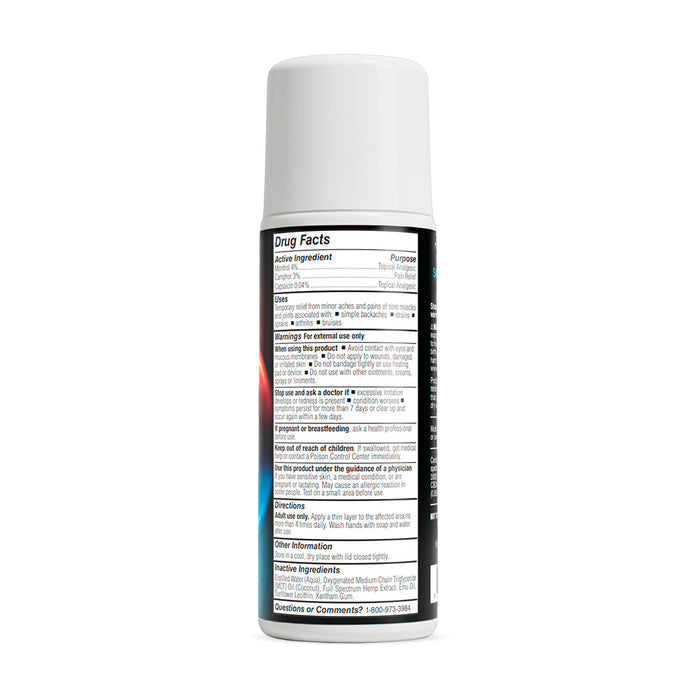 Right side view of a topical analgesic roll-on bottle showing drug facts and ingredients label