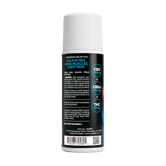 CBD topical roll-on with label listing CBD, CBDa, THC content and relief for sore muscles, backaches, joint pain