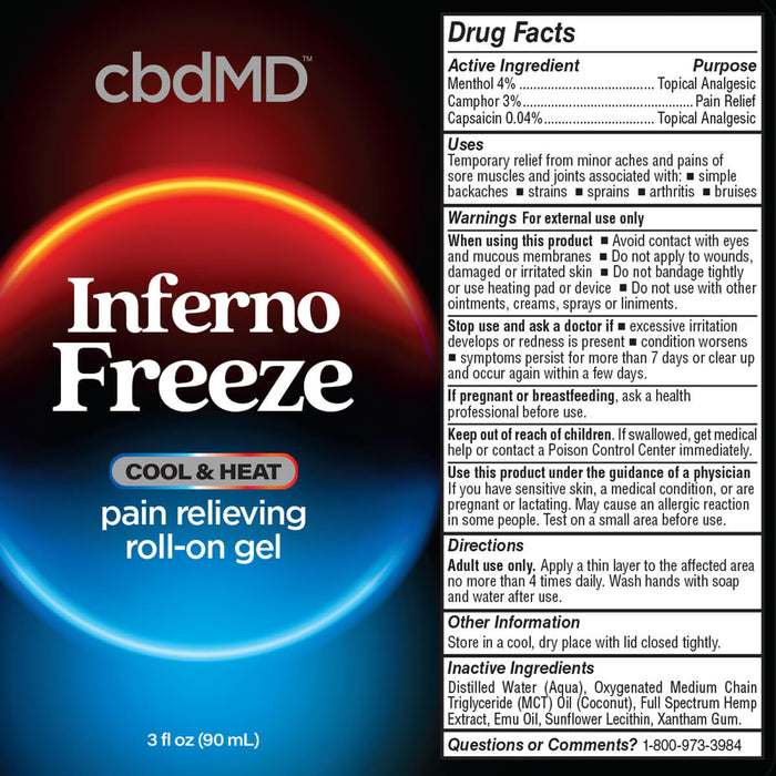 Inferno Freeze pain relieving roll-on gel label with usage warnings and drug facts.