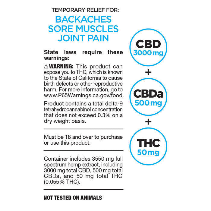 Warning label showing CBD 3000mg, CBDA 500mg, THC 50mg for joint pain and sore muscles.