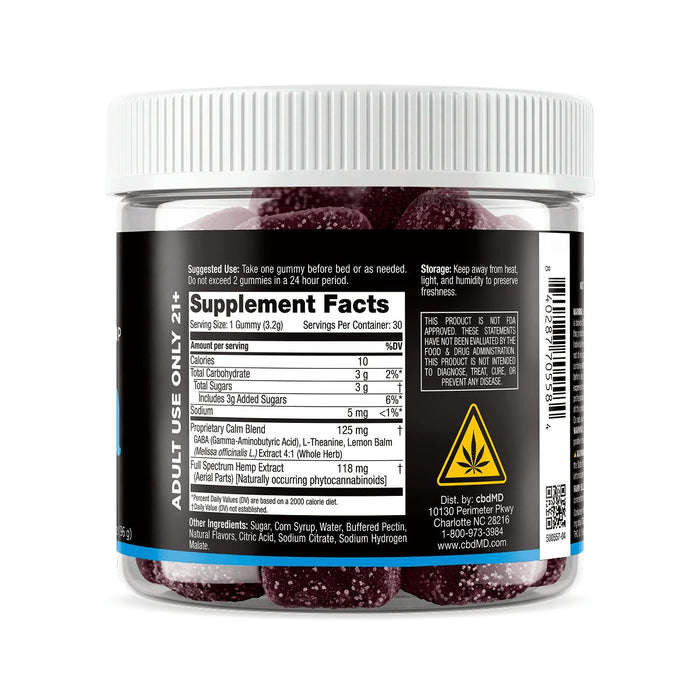 Back of a gummy supplement jar showing nutrition facts and hemp extract warning label.
