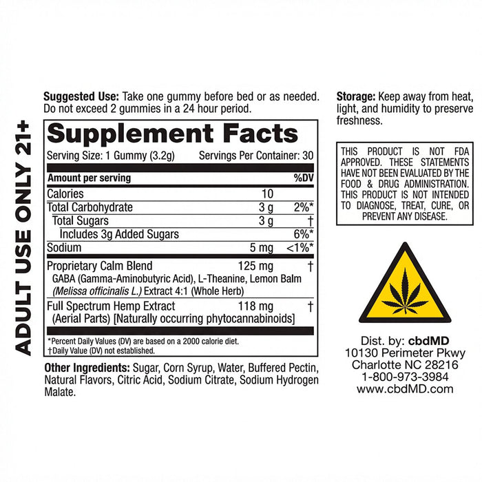 Supplement Facts panel for calming gummies with ingredients and usage instructions.