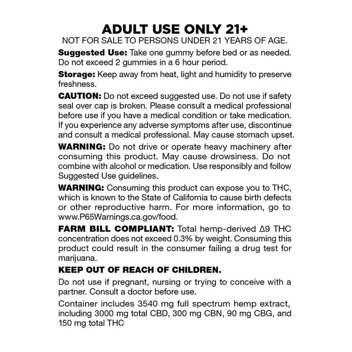 Product label with adult use warnings, dosage, THC content, and safety instructions for hemp gummies.
