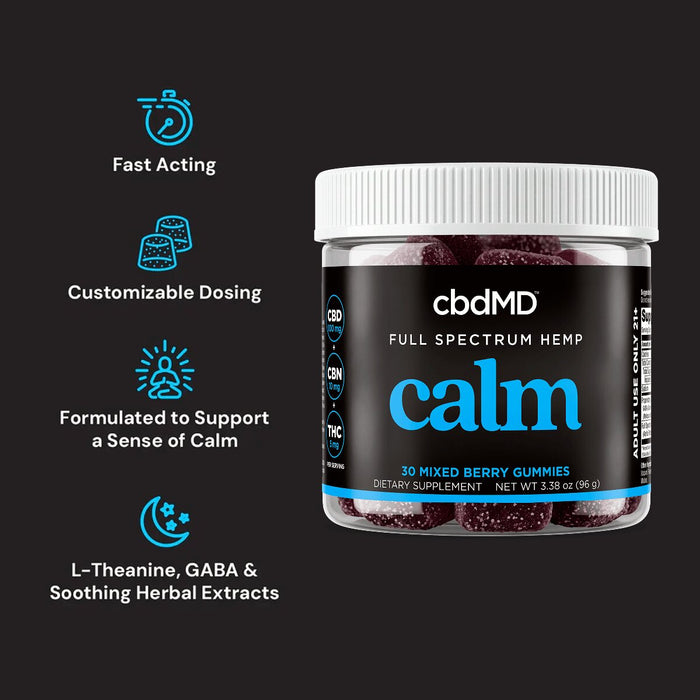 Full spectrum hemp calming gummies jar with benefits, including fast acting and customizable dosing.
