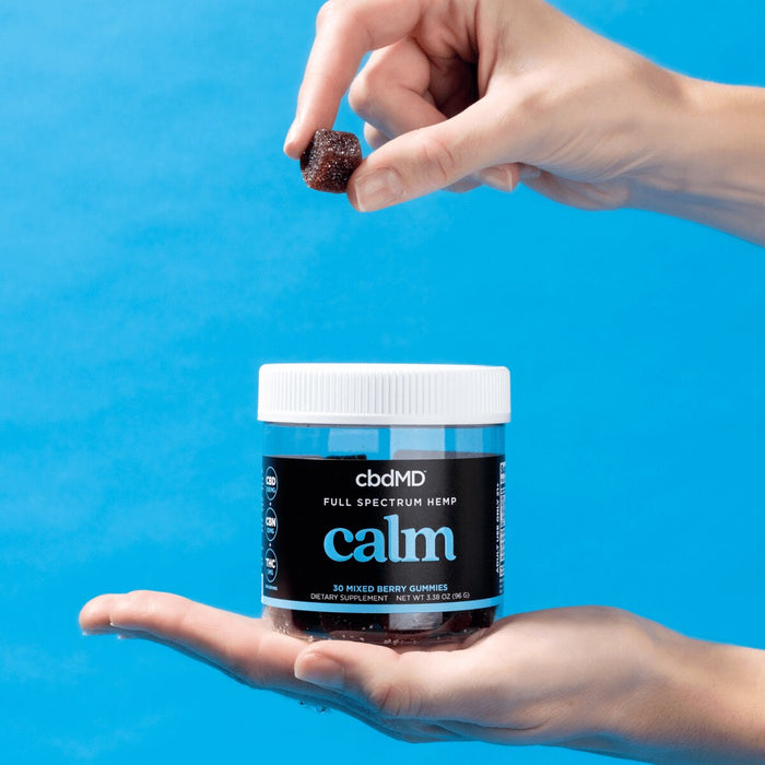 Hand holding jar of full spectrum hemp calm gummies, one gummy lifted, blue background