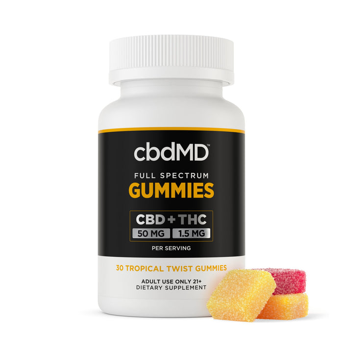 Full spectrum CBD gummies 1500mg bottle with assorted fruit-flavored gummies; Strength: 1500MG;