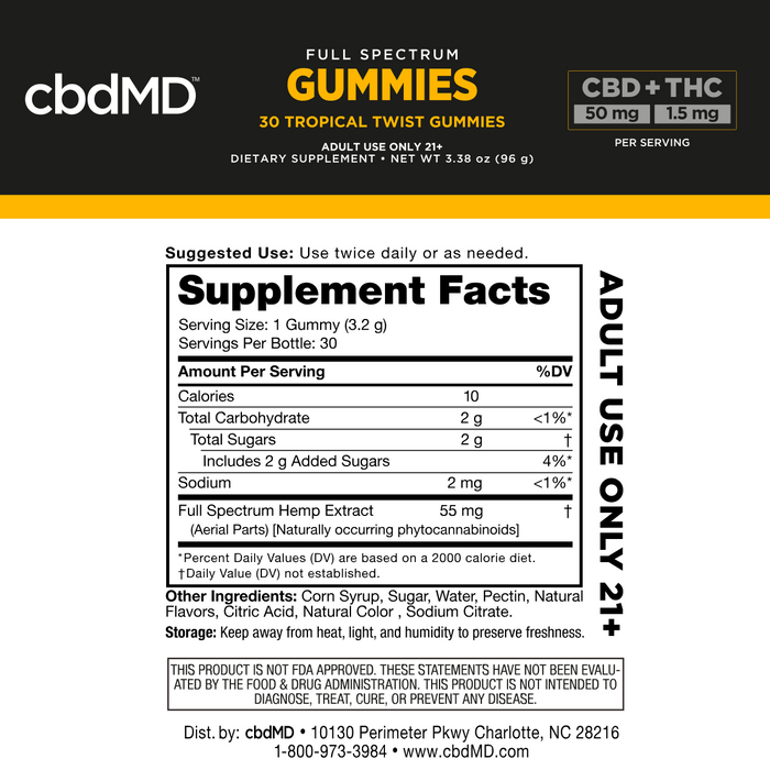 Supplement facts label for full spectrum hemp extract gummies, showing nutrition and ingredients.; Strength: 1500MG;