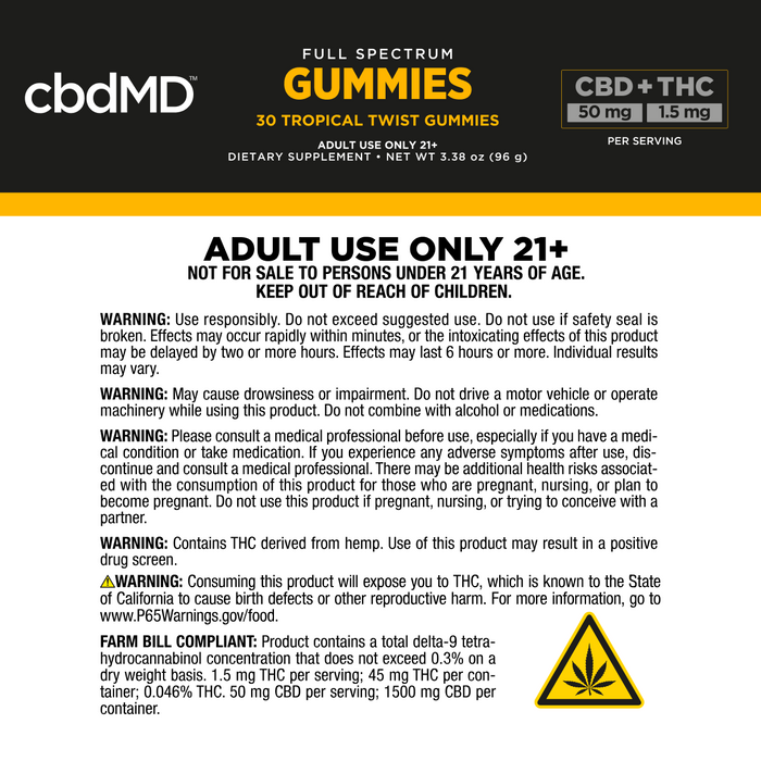CBD gummies product warning label with usage, storage, THC and CBD content information.; Strength: 1500MG;