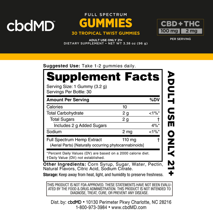 Supplement Facts label for gummies with full spectrum hemp extract, nutrition and ingredients listt; Strength: 3000MG;