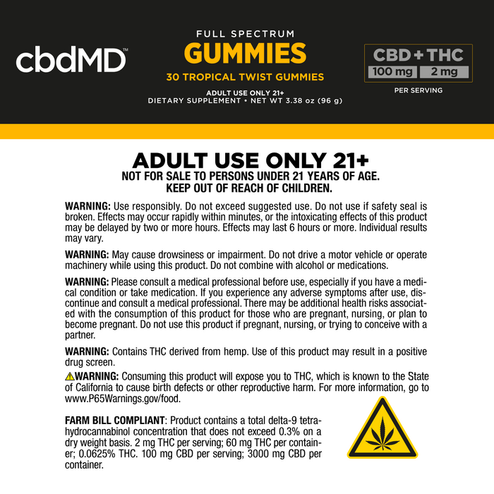 CBD gummies product label with dosage, usage instructions, safety warnings, and THC contentt; Strength: 3000MG;