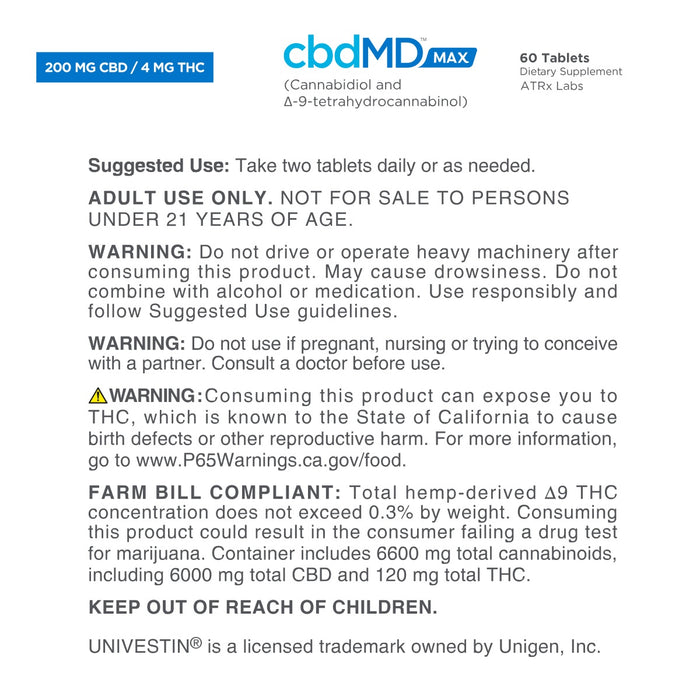 cbdMD Max Pain Tablets supplement facts label with dosage, warnings, and ingredients details.