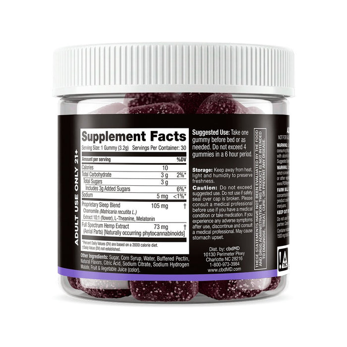 Back of jar with supplement Facts label for sleep gummies with full spectrum hemp extract, chamomile, and melatonin.
