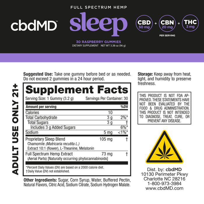 Supplement Facts label for sleep gummies with full spectrum hemp extract, chamomile, and melatonin.