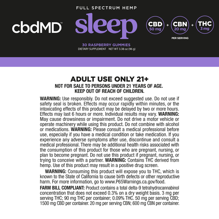Supplement facts label for sleep gummies with usage, warnings, and ingredient details.