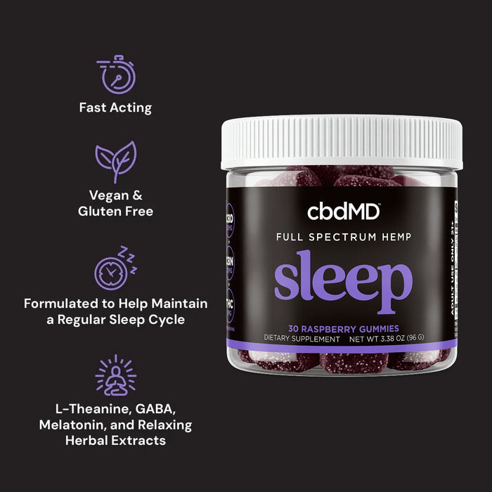 Jar of full spectrum hemp sleep gummies with product benefits like vegan, gluten free, fast acting.