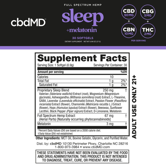 Supplement facts label for softgel with melatonin, hemp extract, and sleep blend ingredients