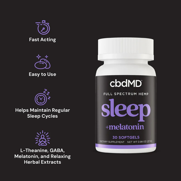 Full spectrum hemp sleep softgels with melatonin bottle and sleep aid benefits icons