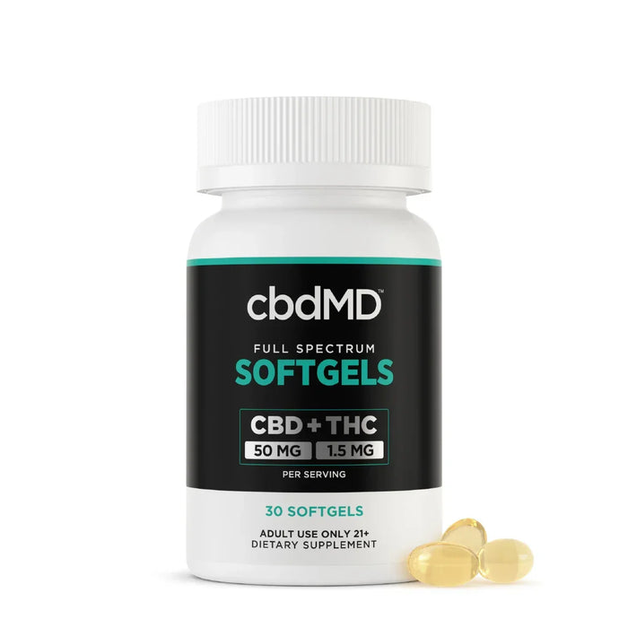 Full spectrum CBD softgels bottle with 30 capsules, labeled CBD 50mg THC 1.5mg per serving; Strength: 1500MG;