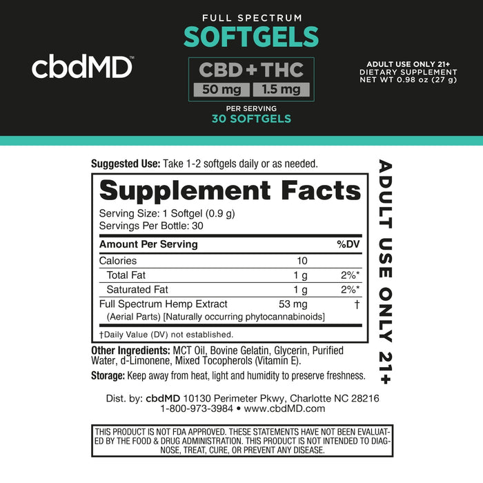 Supplement facts label for full spectrum hemp extract softgel, ingredients and dosage info shown.; Strength: 1500MG;