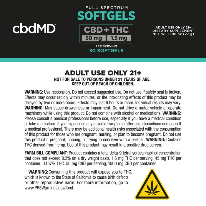 CBD softgels supplement label with usage warnings, dosage, and cannabinoid content details.; Strength: 1500MG;