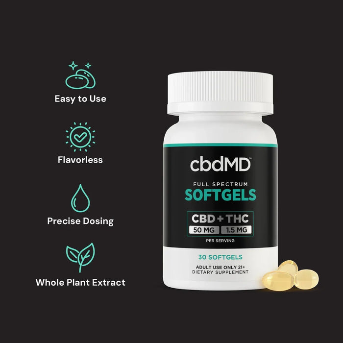 Full spectrum CBD softgels bottle with softgels, highlighting easy use, flavorless, precise dosing, and whole plant extract; Strength: 1500MG;