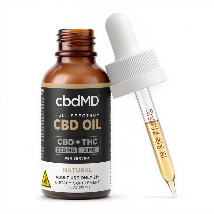 Full spectrum CBD oil tincture bottle, labeled 200mg CBD, 2mg THC per serving next to a dropper; Flavor: Natural; Strength: 6000MG;