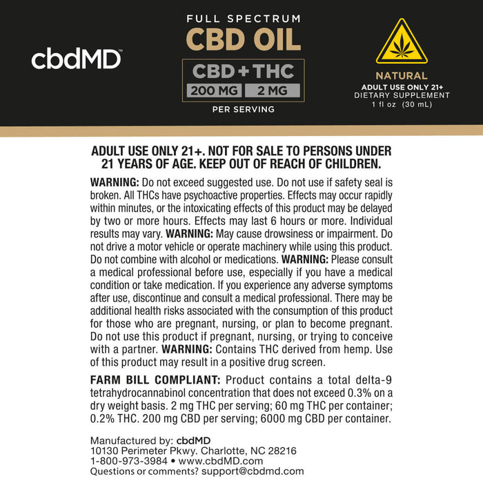 A full-bleed informational label for cbdMD CBD Oil that includes warnings.; Flavor: Natural; Strength: 6000MG;
