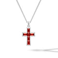 Silver cross pendant with red stones on a chain against a white background