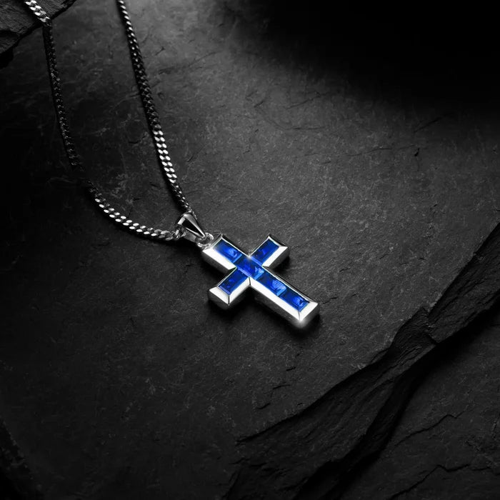 Sapphire blue cross for men on black background