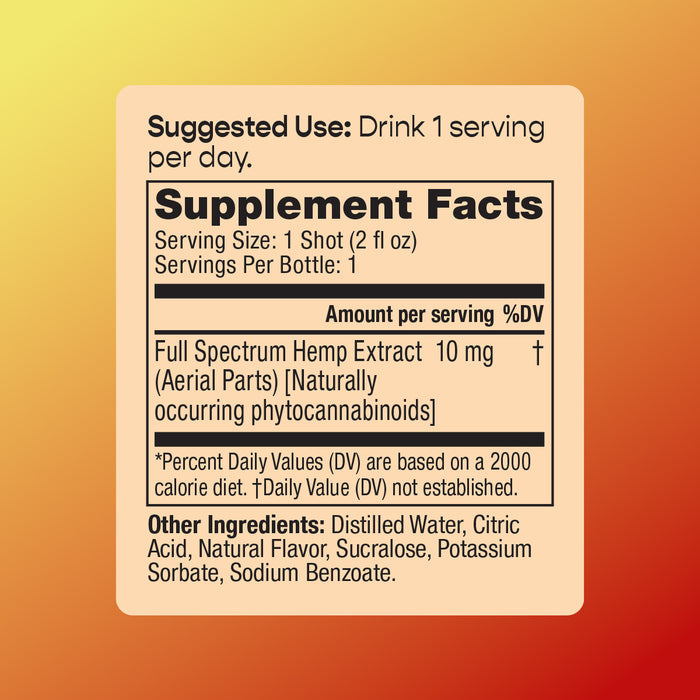 Supplement Facts label for cbdMD Golden Hour 10mg Shot showing ingredients and serving size.