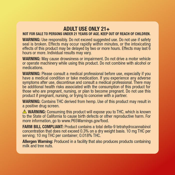 Warning and safety labels for cbdMD Golden Hour 10mg Shot, including THC and allergen warnings.