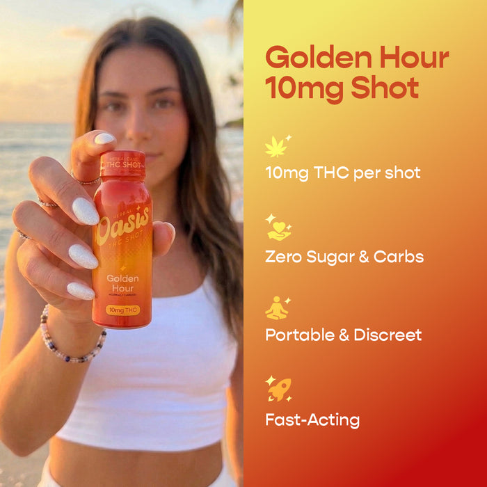 Woman holding a cbdMD Golden Hour 10mg shot against a sunset beach background.