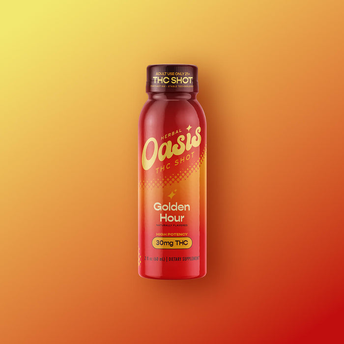 cbdMD Golden Hour 30mg THC Shot herbal supplement bottle on a yellow and orange gradient background.